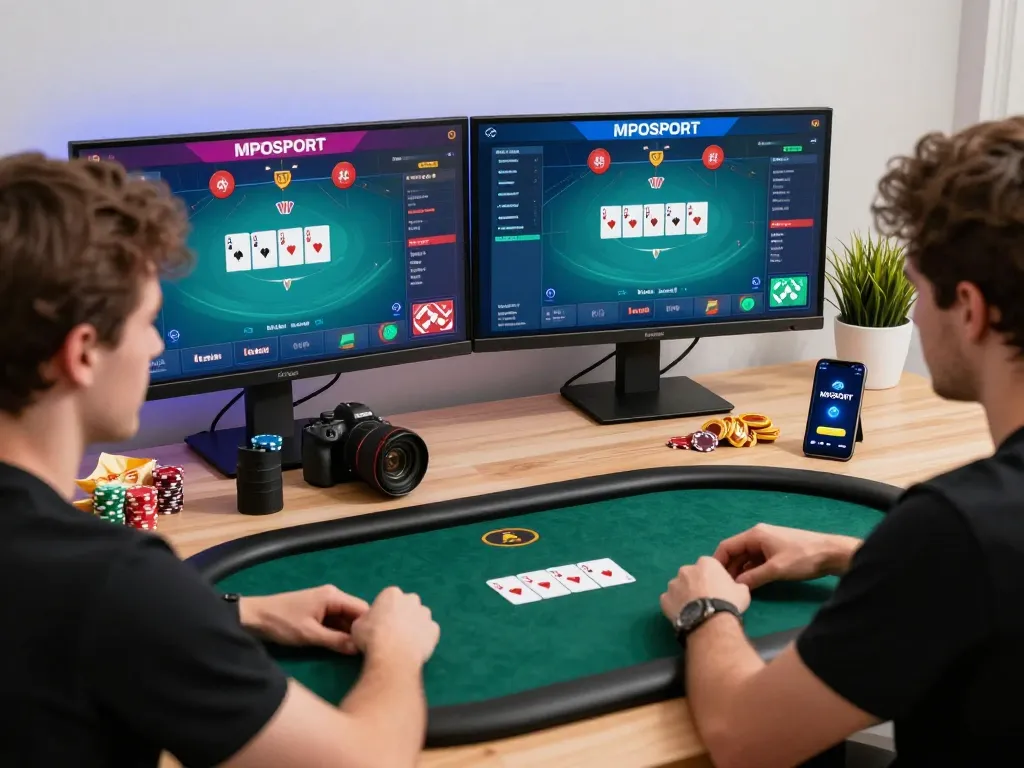 Intense gameplay on the MPOSPORT platform with dual monitors and vibrant user interface in a stylish home office.