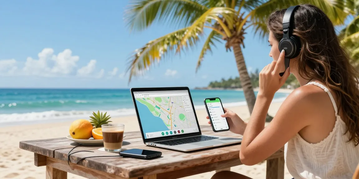Using an international calls app for Android on a beach, depicting seamless connectivity while traveling.