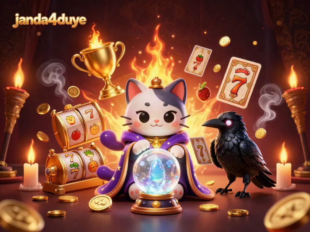 Gambarkan karakter janda4duye di kasino dengan kucing mistik, gagak, dan unsur slot yang kaya.