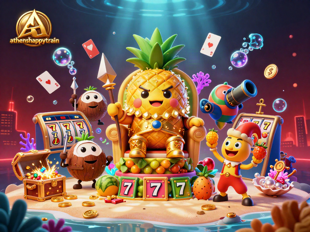 Experience the thrill of athenshappytrain with a vibrant 3D casino scene showcasing the golden pineapple king.