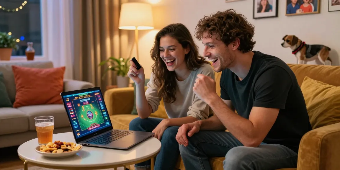 Players enjoying credit card casinos in a lively home setting with snacks and festive lighting.