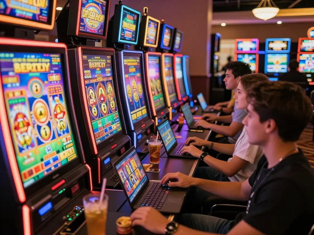 Engaging gameplay on virtual slot games, showcasing link slot strategy in a lively online casino atmosphere.