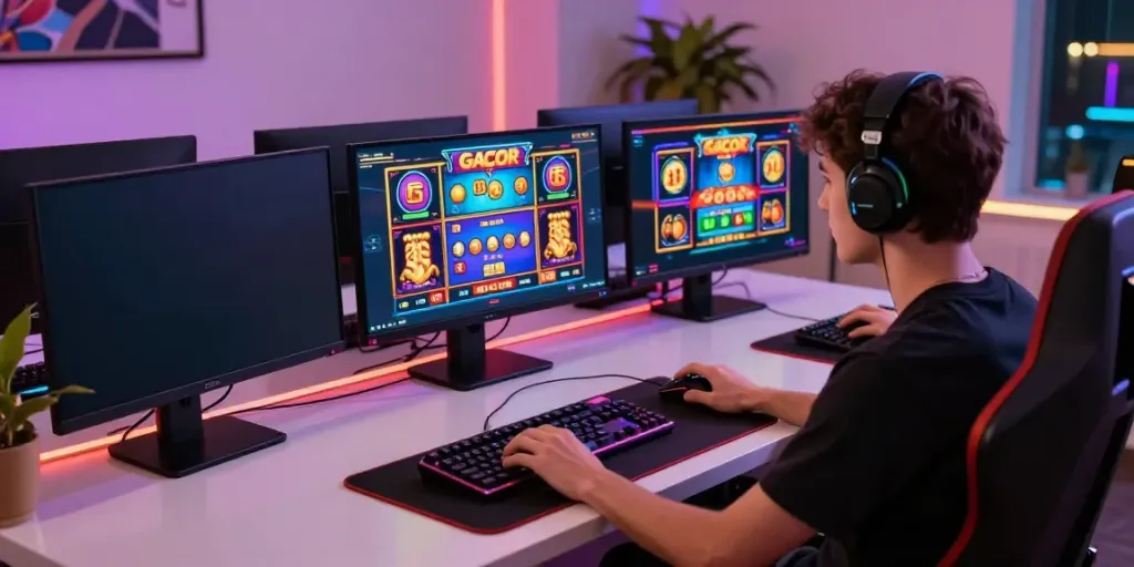 Online slot gacor gaming experience featuring a player engaging with vibrant slot graphics and jackpot notifications in a modern gaming setup.