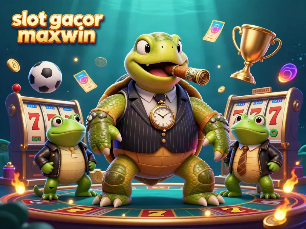 Permainan slot gacor maxwin dengan karakter unik di latar belakang kasino yang cerah dan dinamis.
