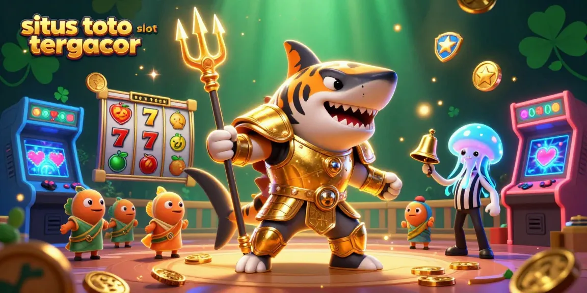Situs toto slot tergacor showcases a vibrant 3D underwater scene with a tiger shark and exciting slot elements.