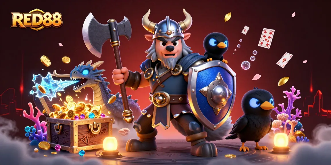 Engage with RED88's vibrant casino world, featuring a Viking wolf warrior, dragon, and treasure.