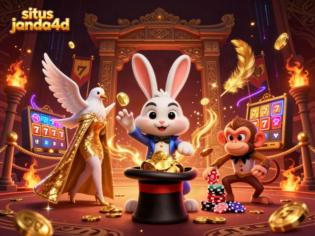 Gambar situs janda4d yang menampilkan karakter menarik dan elemen permainan kasino yang dinamis.