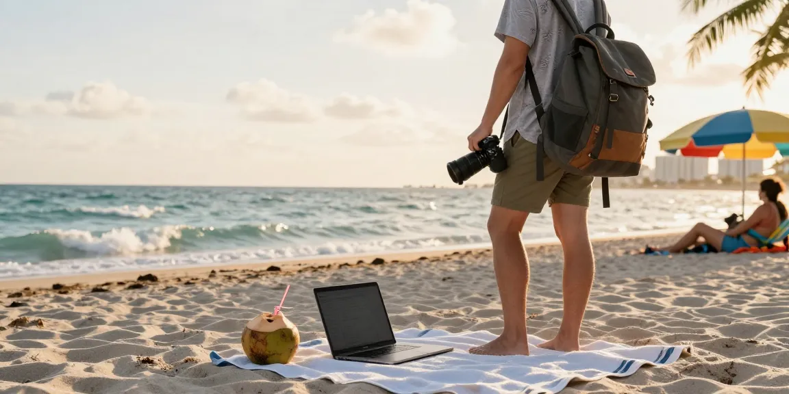 Pengunjung di pantai Miami dengan laptop dan tas, menikmati suasana santai di https://miami4d.com/.