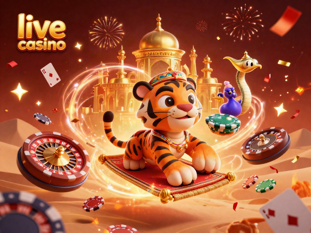 Immerse in the live casino action with colorful roulette tables and card games in this vibrant 3D illustration.