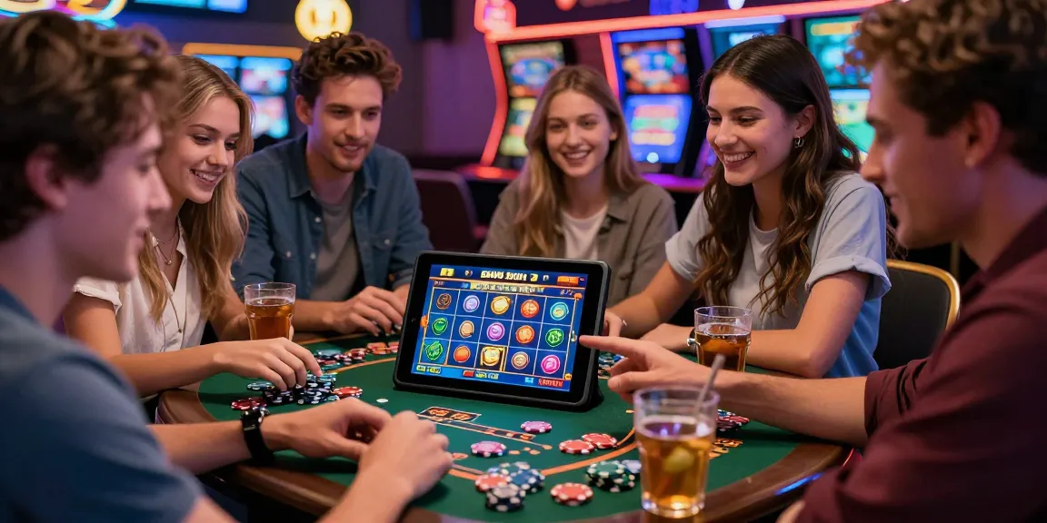 A diverse group enjoying bonus buy slots at a vibrant online casino.