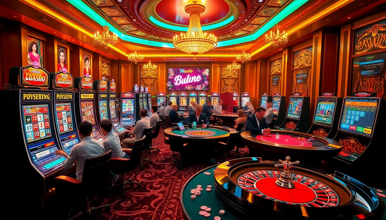 Engaged players enjoying amanahtoto slot games in a luxurious casino environment.