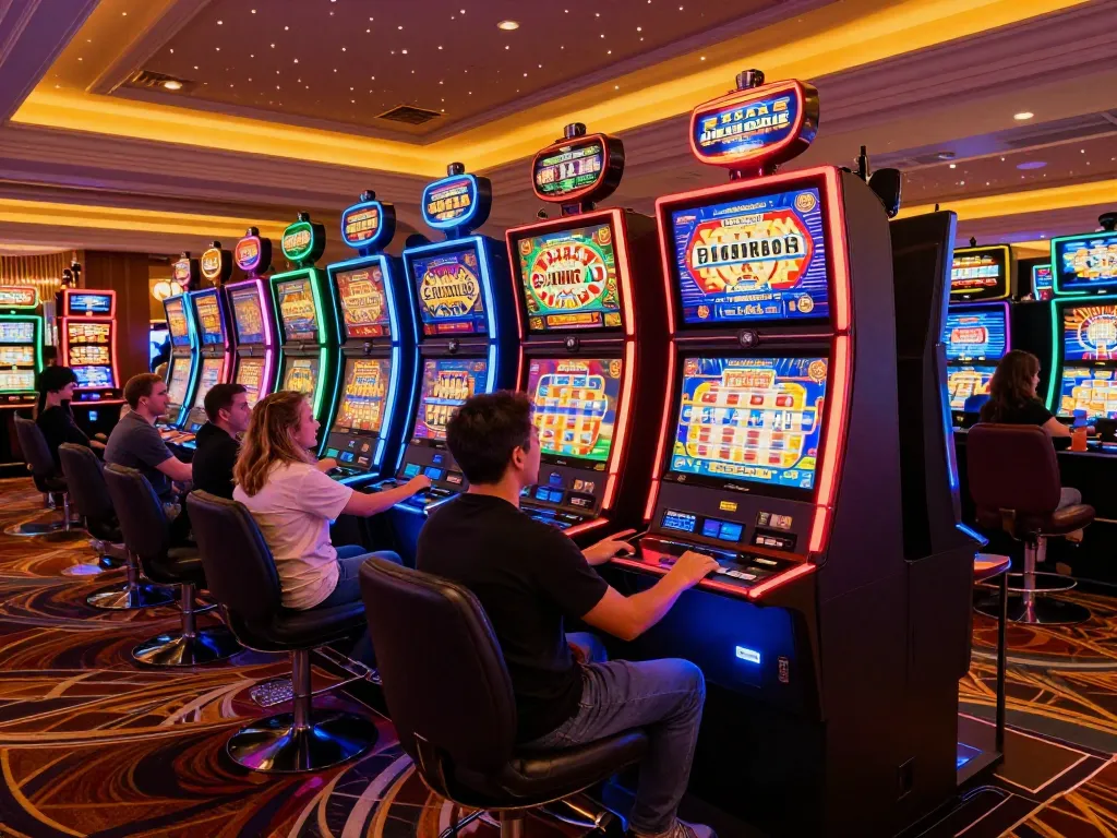 Players enjoying a vibrant slot machine area in a Vegas casino during an exciting gambling session featuring 7M gameplay.