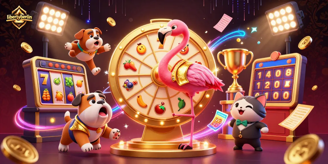 Win with libertyberlin in this vibrant casino scene showcasing exciting slot games and prizes.