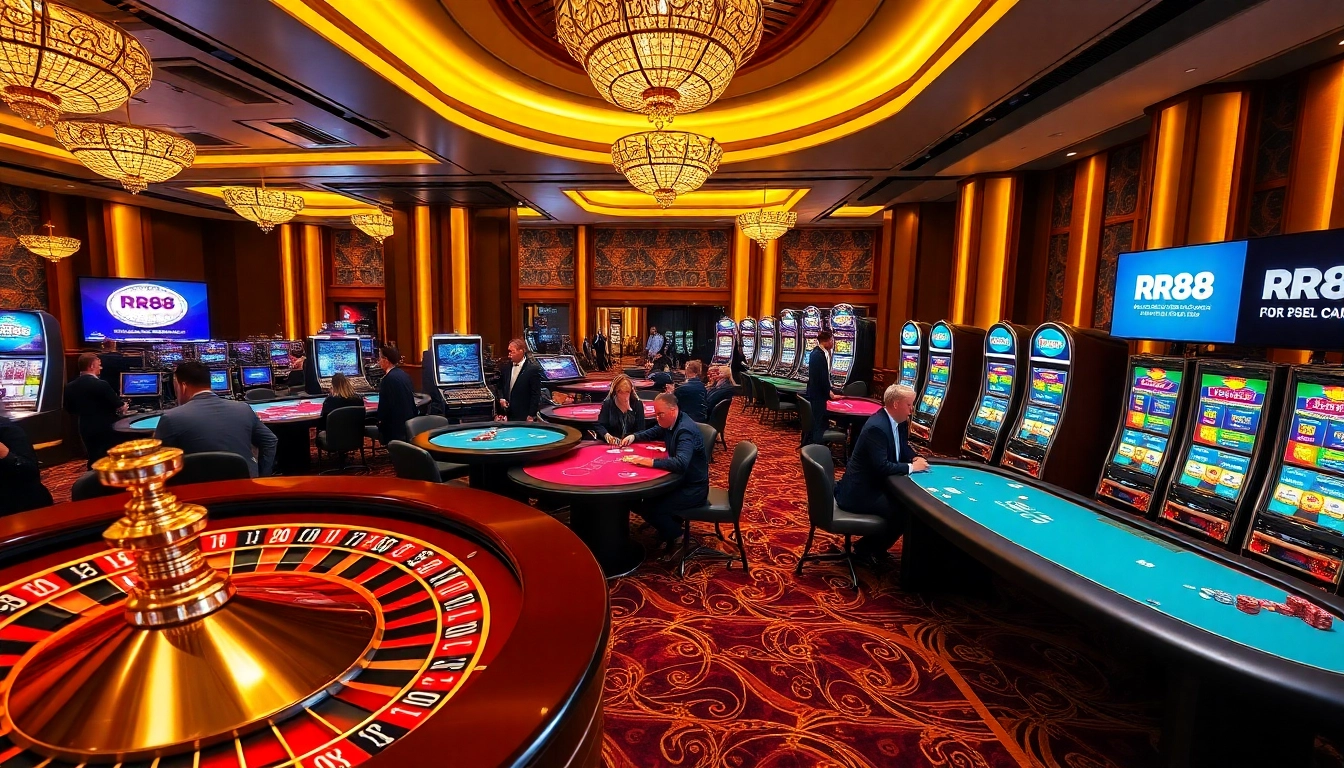High-stakes gambling at RR88 with roulette, poker tables, and vibrant slot machines.