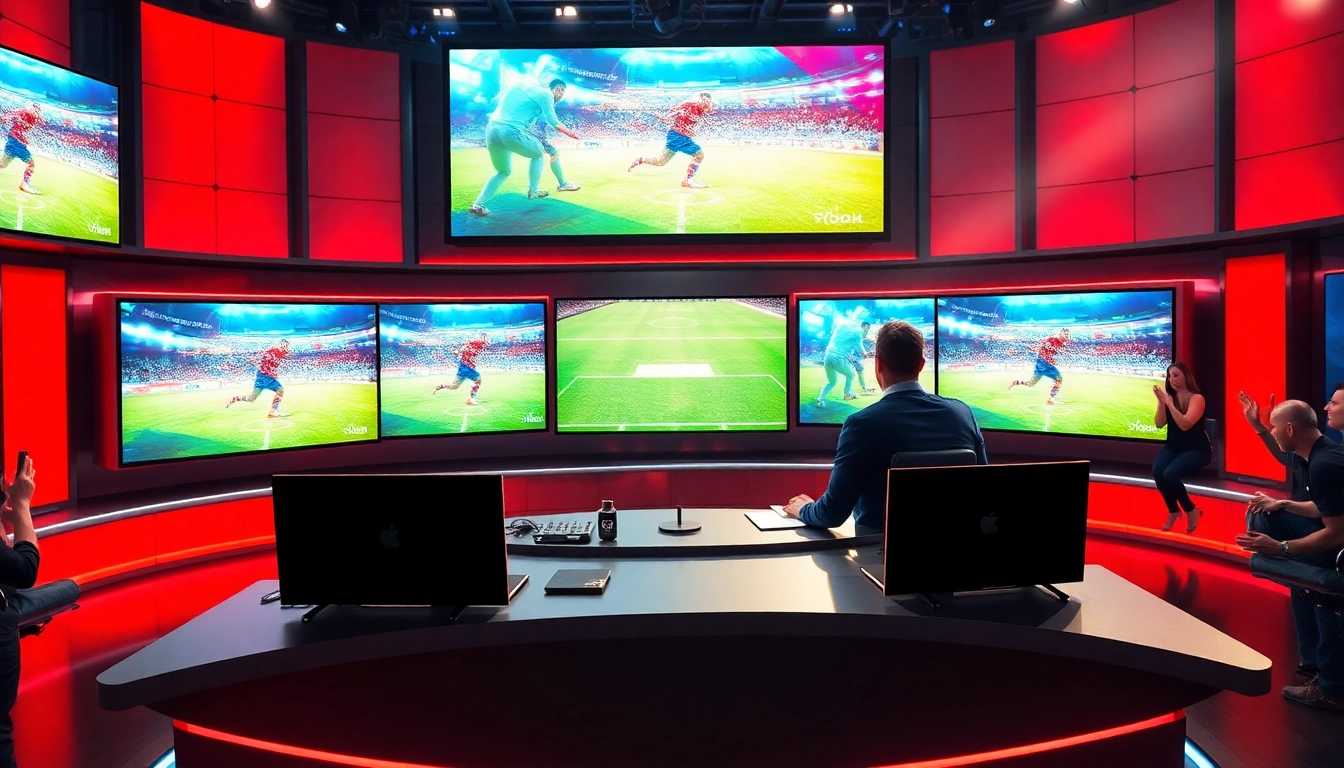 Engaging sports broadcasting commentators discussing live events in a dynamic studio setup.