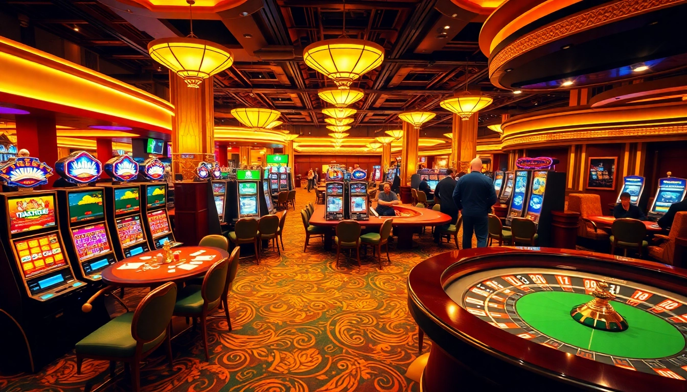 NAGA1001 casino scene with players enjoying slot machines and poker tables, emphasizing luxury and excitement.