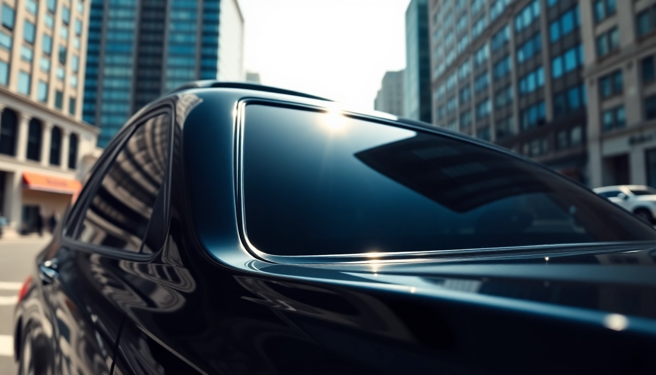 Tinted car windows reflecting sunlight in a bustling city - window tint near me feature.