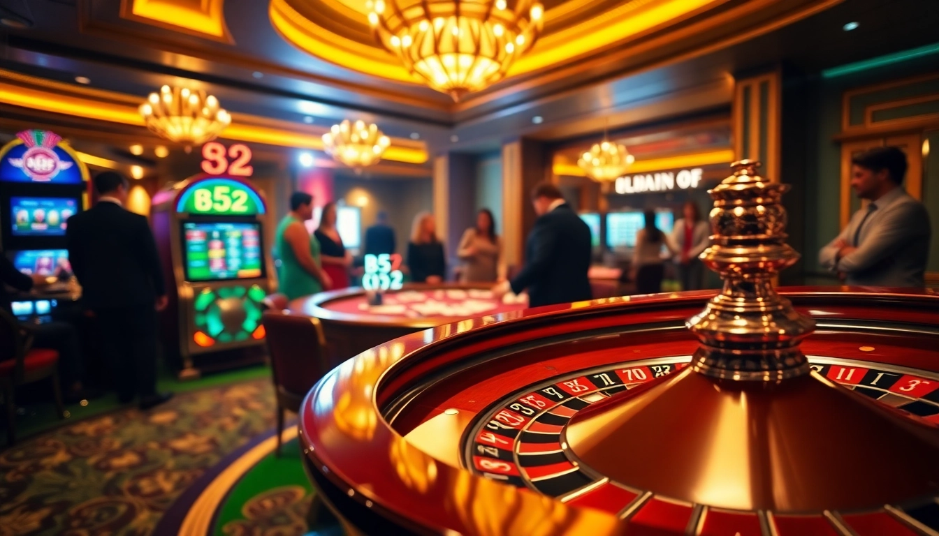 Players excitedly roll dice on a vibrant B52-themed casino table, capturing the essence of gambling allure.
