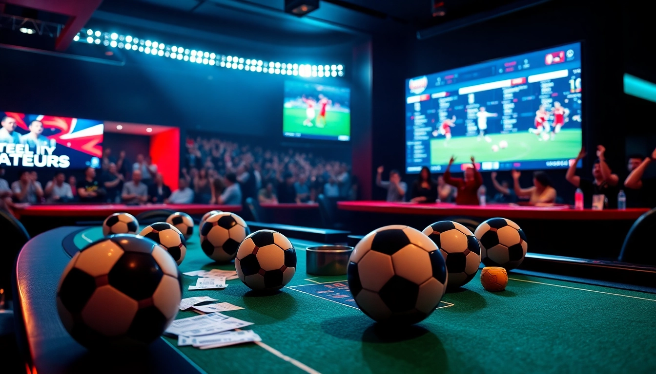 Engaging scene of a vibrant แทงบอลโลก betting environment with enthusiastic fans and betting slips.