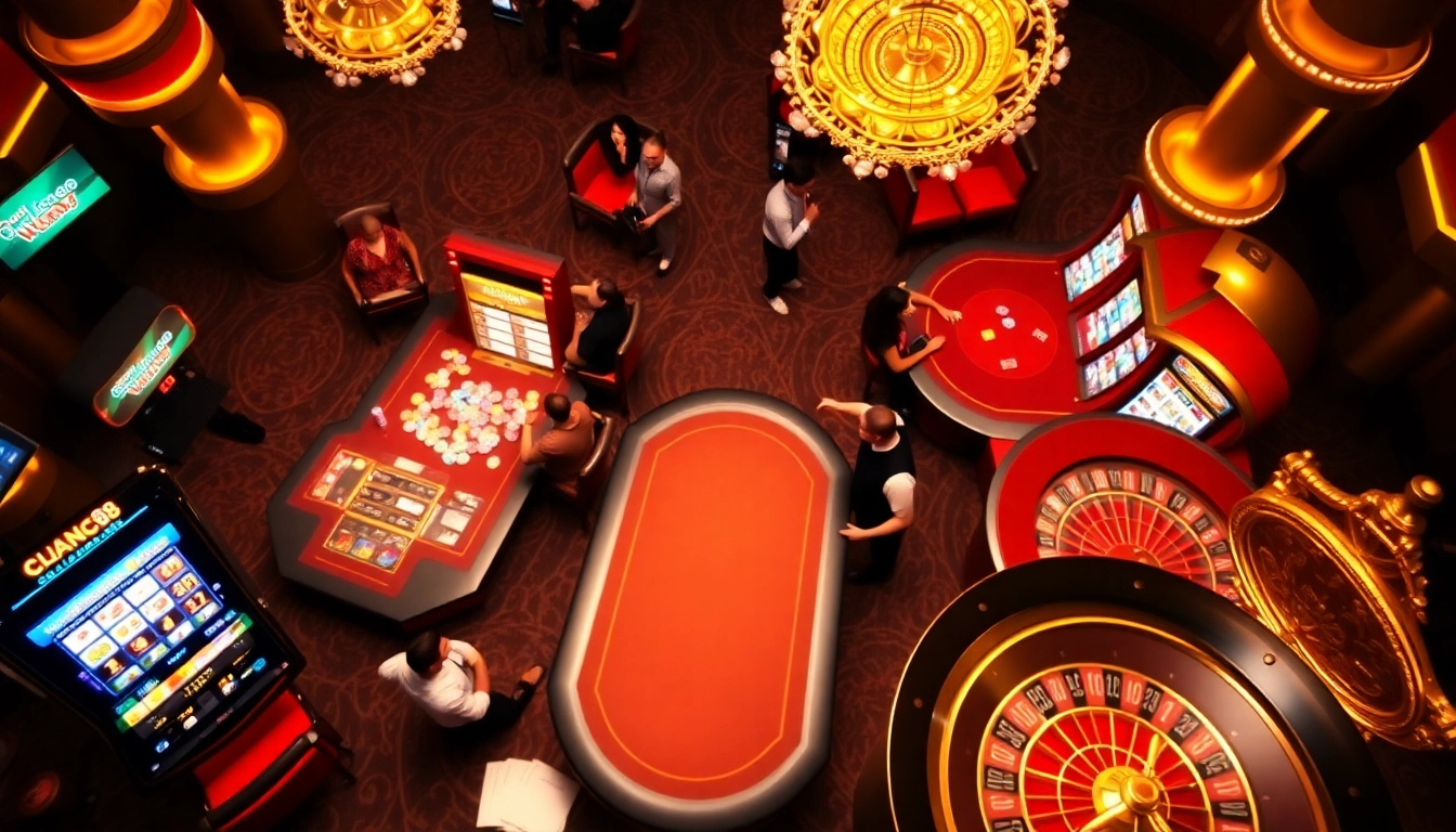 Engaging online gambling scene showcasing Link NEW88 with poker chips and roulette wheels.