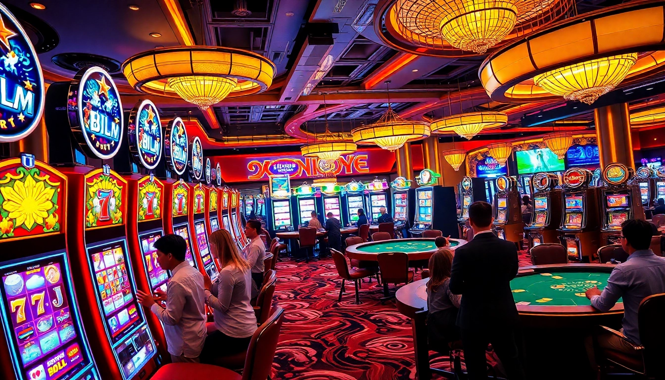 Engaging players on IDN slot machines amidst a luxurious casino ambiance with vibrant colors and investment opportunities.