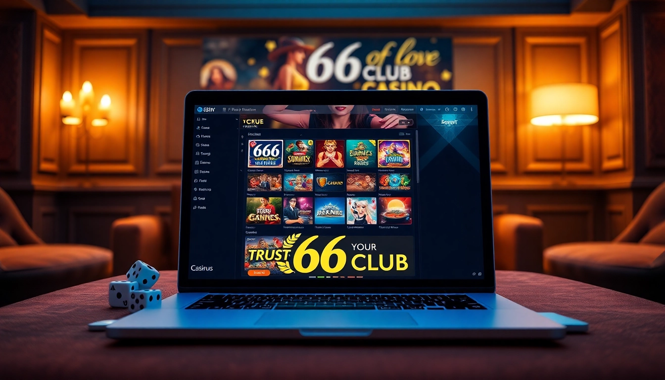 Experience the excitement of the 66 Club with a modern online gambling interface showcasing various games in a luxurious lounge setting.