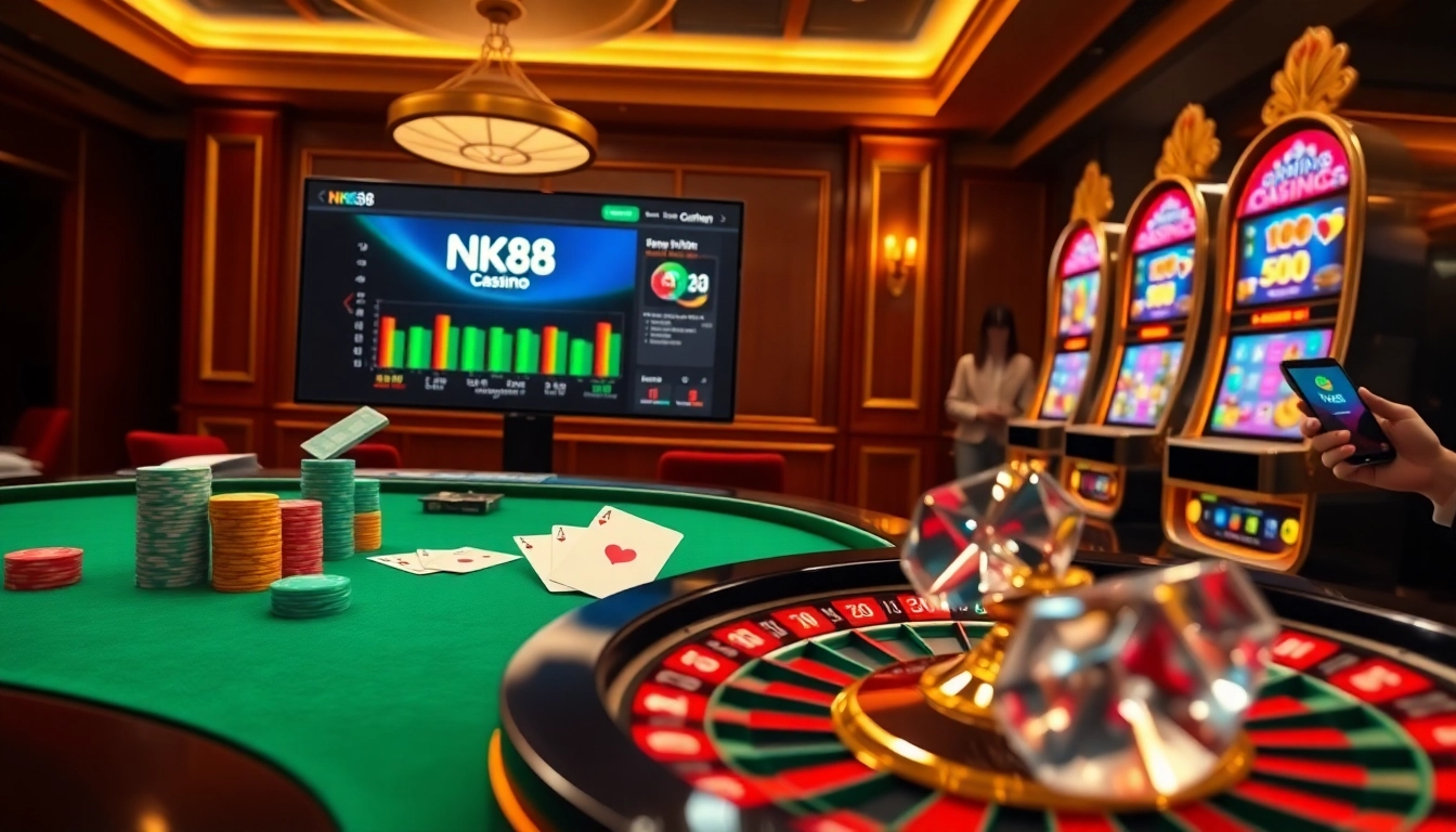 Engaging NK88 online casino table displaying strategic card play with vibrant poker chips and roulette wheel