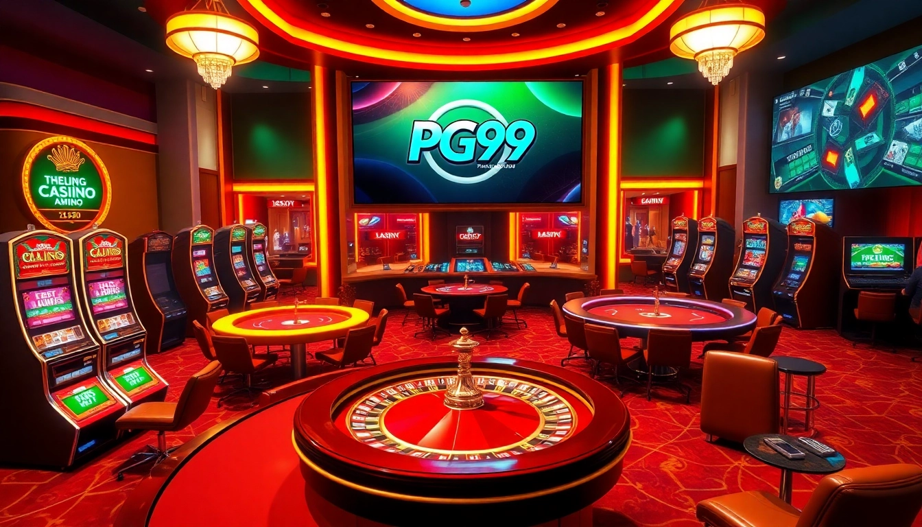 Experience luxurious gaming at Trang Chủ PG99 with vibrant casino visuals and exciting table games.