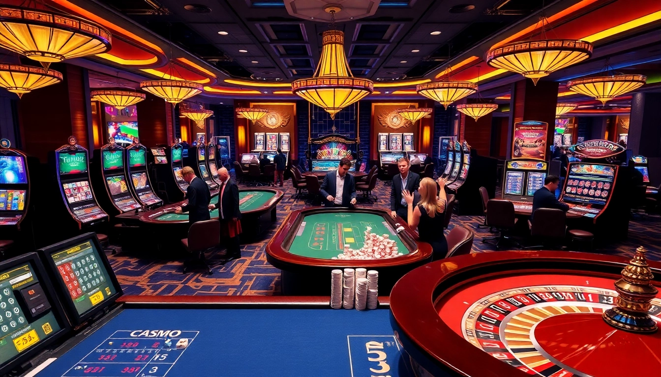 Exciting casino scene featuring players at tables and slot machines from https://9789bet.com/.