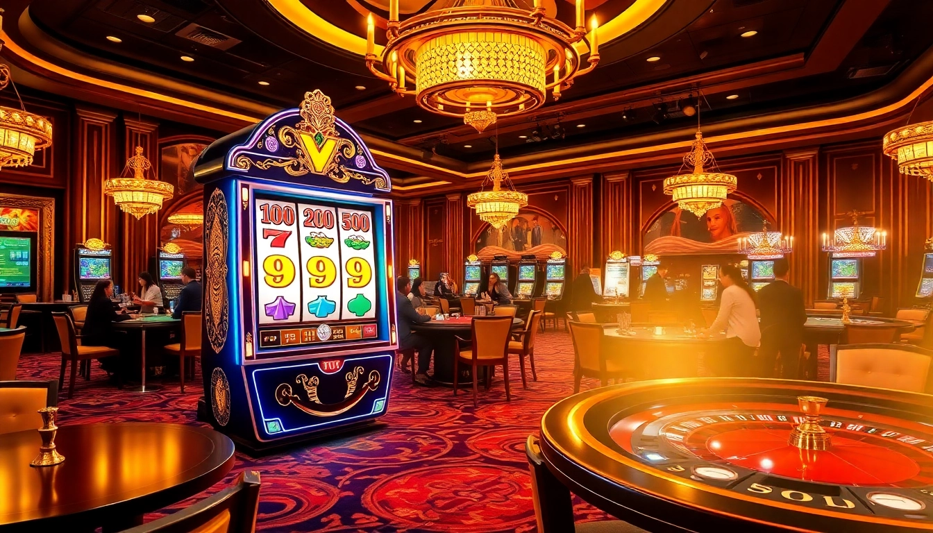 Engage with the idn slot machine in a luxurious casino setting filled with excitement and vibrant colors.