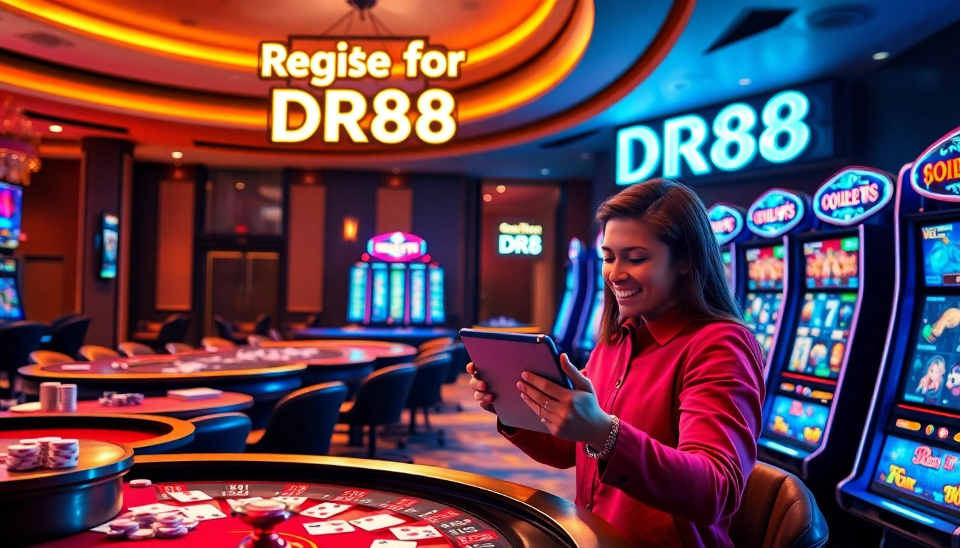 Excited gambler registering for DR88 amidst vibrant casino visuals and modern gaming elements.