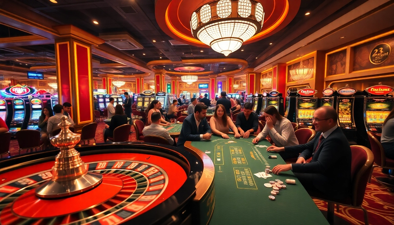 Experience 23win nhà cái ambiance with players enjoying vibrant casino table games and lively slot machines.