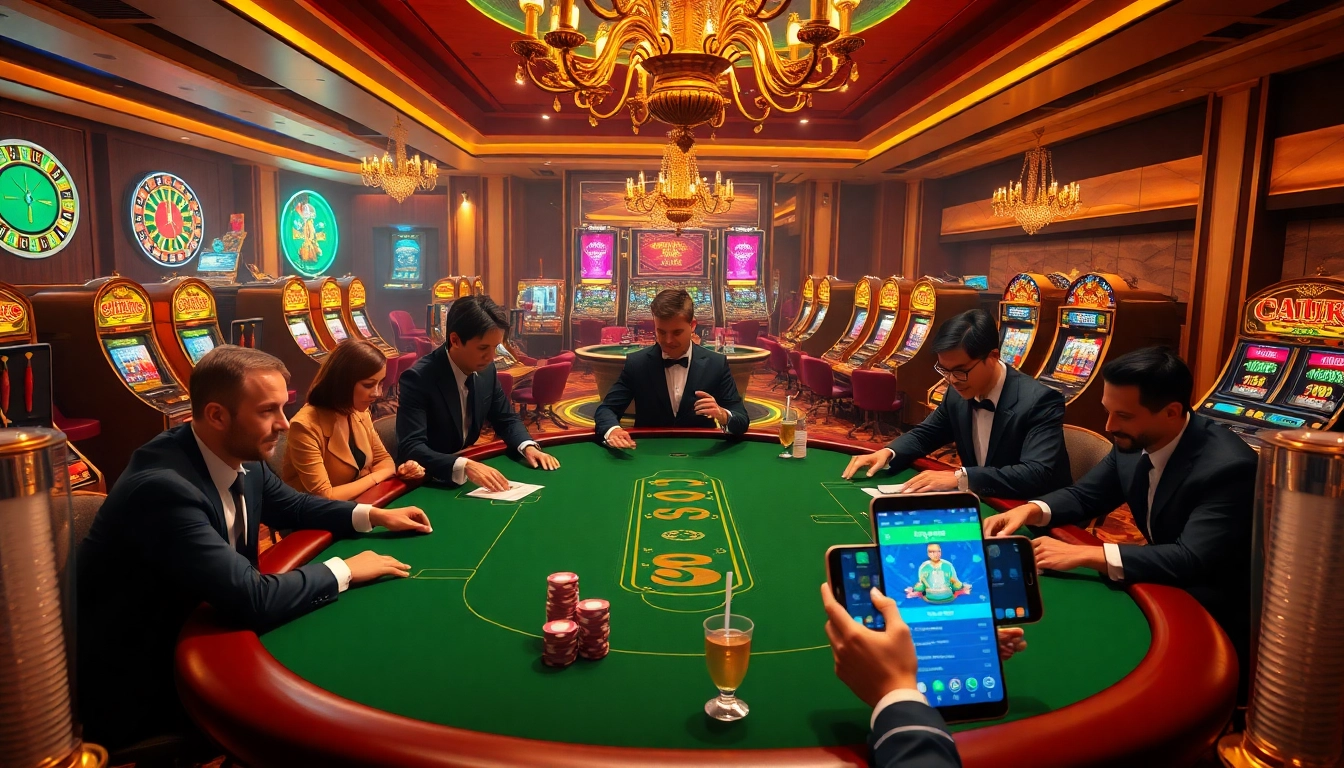 S8 nhà cái attendees enjoy immersive casino games at a luxury poker table amidst slot machines and roulette wheels.