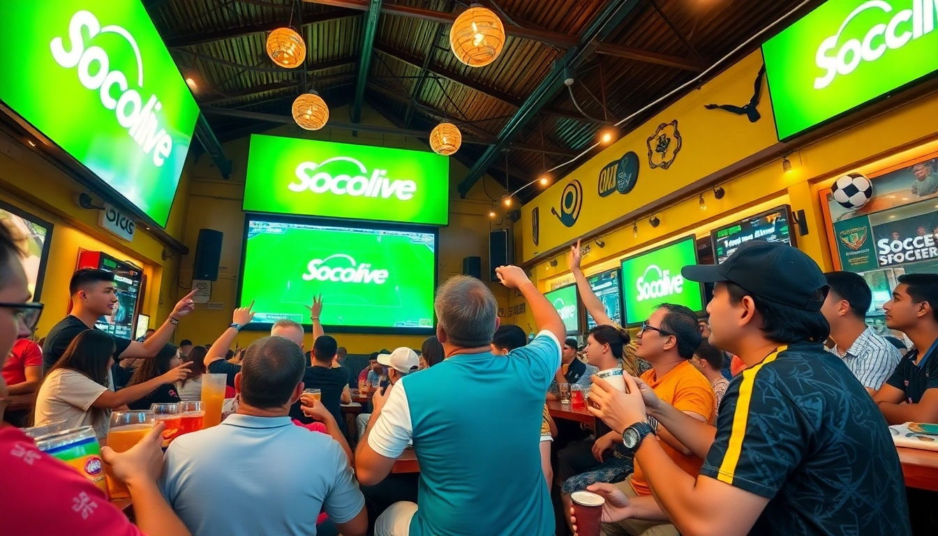 Xem Bóng Socolive fans energetically watching a live soccer match outdoors, celebrating with drinks.