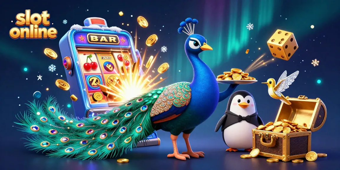 Experience slot online magic with vibrant peacock, penguin, and hummingbird in a lively casino scene.