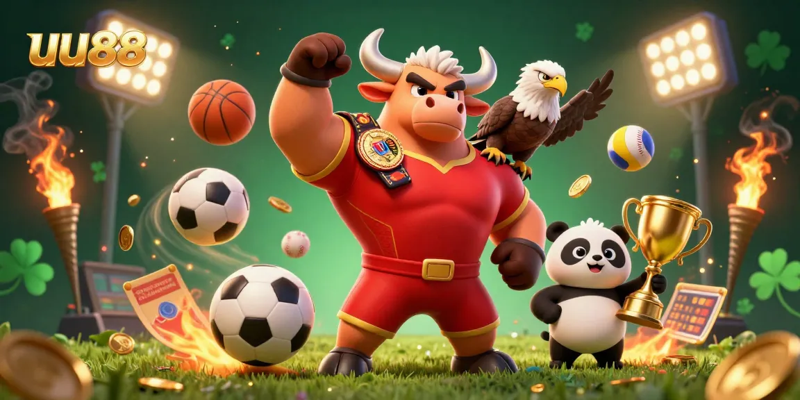 uu88 showcases a victorious bull, eagle, and panda amid dynamic betting elements and sports excitement.