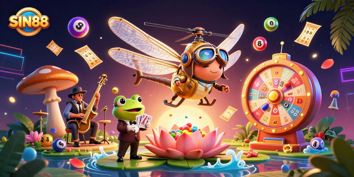 SIN88 reveals an engaging casino scene with a dragonfly pilot, frog croupier, and vibrant game elements.