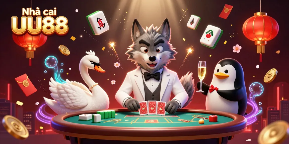 Engage with Nhà cái UU88 featuring a debonair wolf and elegant characters at a dynamic baccarat table.