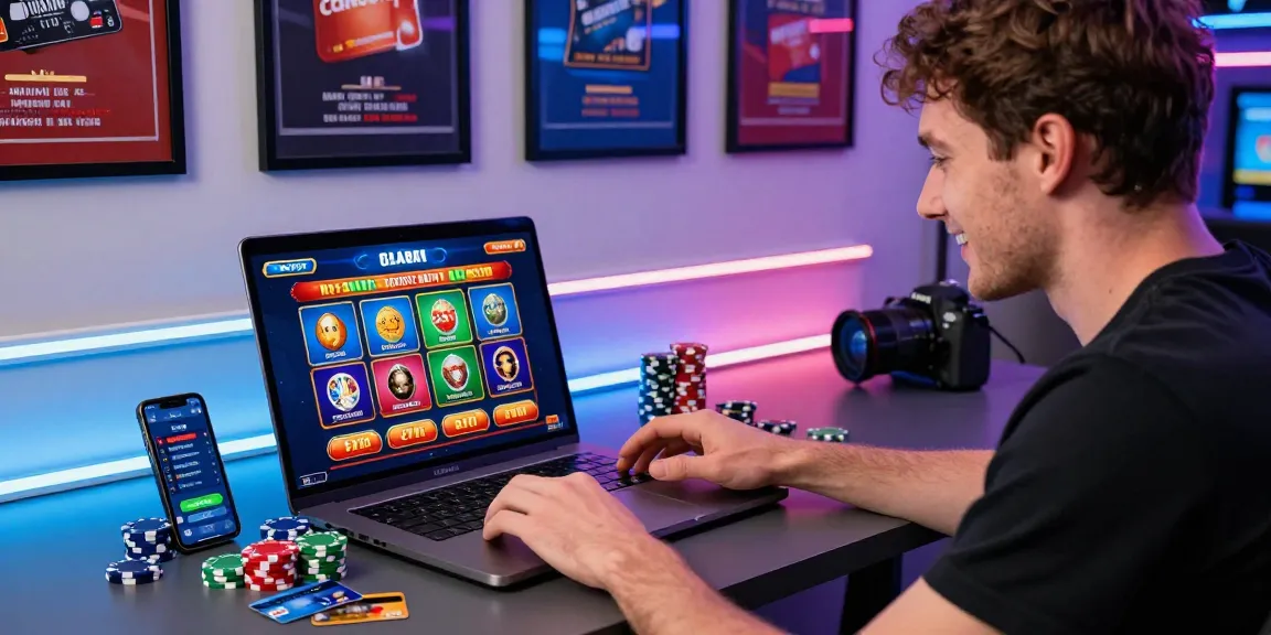 Engaging scene of players at credit card casinos UK with vibrant gaming graphics, poker chips, and credit cards.