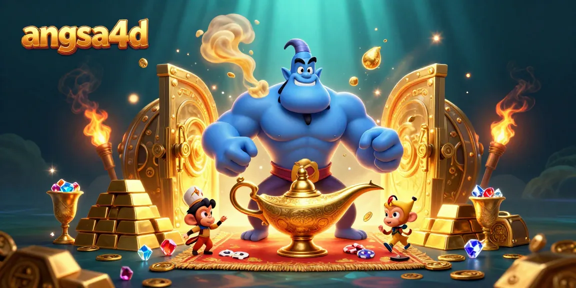 Engage with angsa4d’s thrilling environment featuring a blue genie and poker chips in a cartoon-rich illustration.