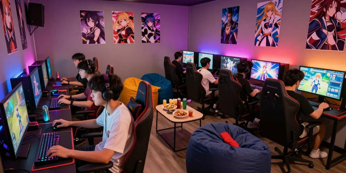 Excited gamers enjoying hentai games in a lively gaming lounge.