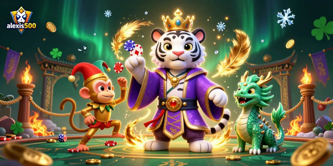Engage in thrilling gameplay at alexis500 with a vibrant scene of a royal tiger, a jester monkey, and a jade dragon in a casino.
