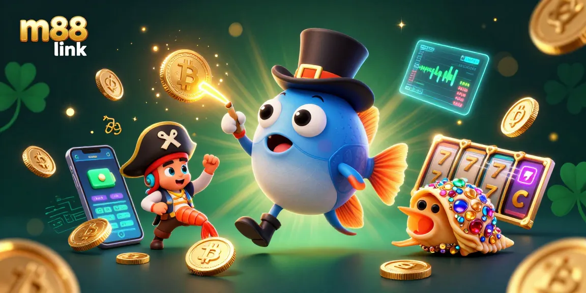 Engage with m88 link to win at this vibrant 3D representation of an anglerfish, shrimp, and sea snail in a slot-themed casino setting.