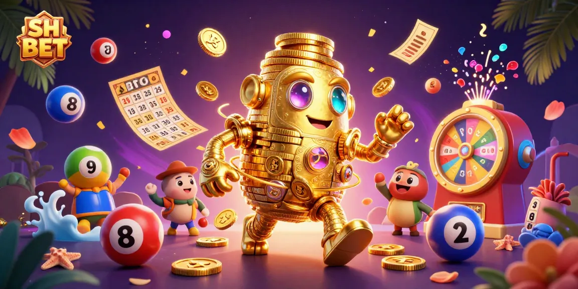 Play and win big with SH BET featuring a dynamic golden golem amidst colorful lottery elements.