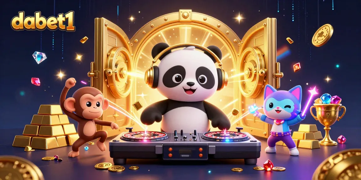dabet1 showcases a vibrant scene with a DJ panda and friends in a dazzling casino atmosphere, spinning reels and treasures.
