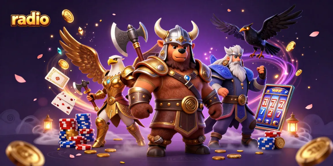Spin and win at radio-themed casino with illustrated Viking bear and Valkyrie amid golden coins.