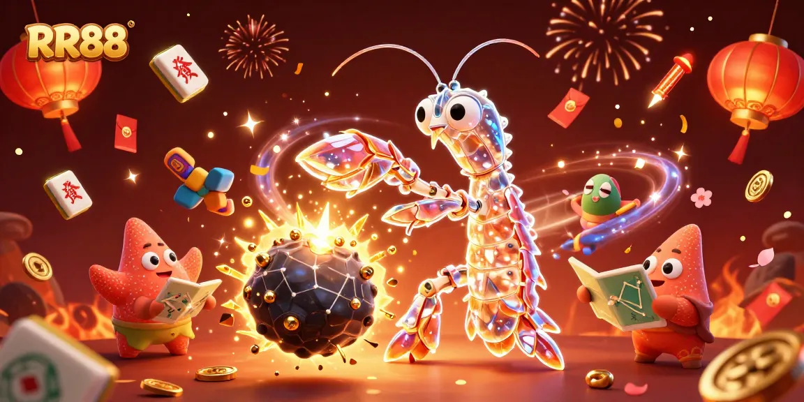 Experience thrilling gaming with RR88, featuring a galactic mantis shrimp and golden gems bursting from asteroids.