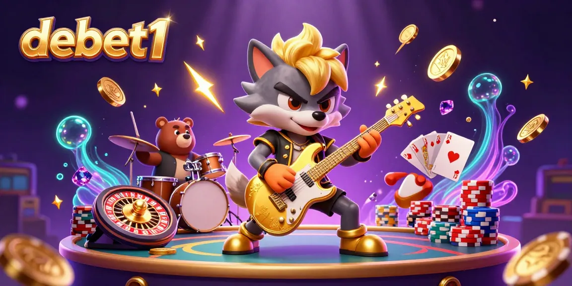Experience the lively debet1 casino scene with a golden wolf rock star and dynamic game elements.