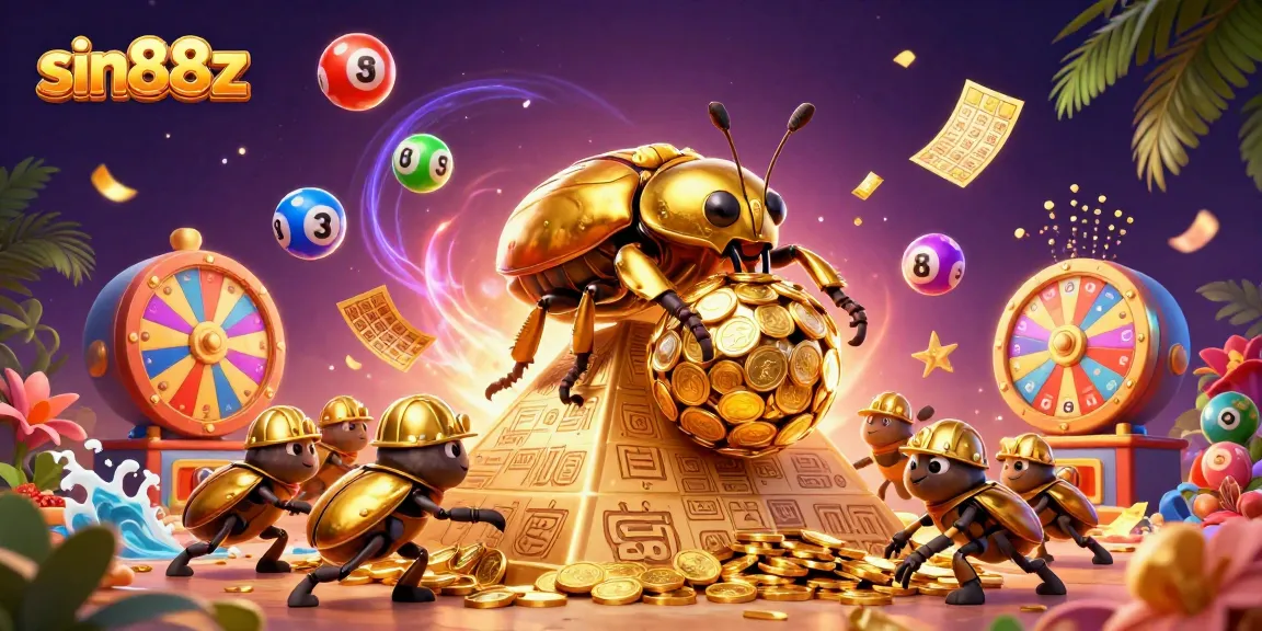 Experience sin88z excitement with golden beetles and casino symbols in dynamic 3D illustration.