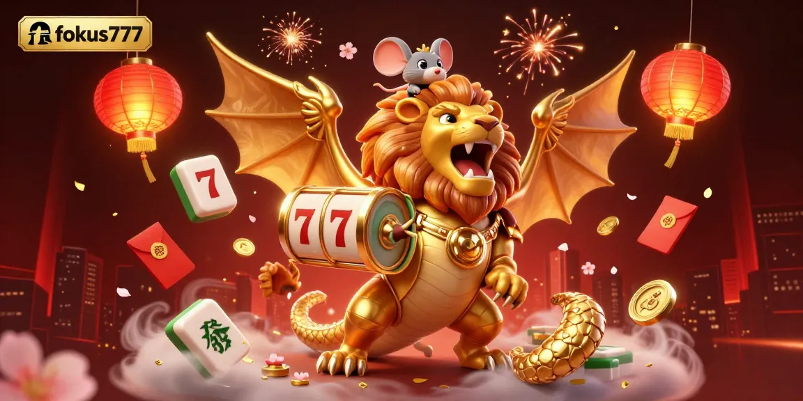Experience the excitement of fokus777 with a vibrant 3D illustration featuring a golden chimera and floating slot reels.